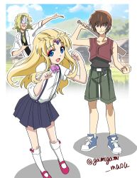  1girl 2boys aura_maha_khyber baseball_bat blonde_hair blue_eyes bow brown_hair doctor dress furude_rika gamigami_maou_(artist) gundam gundam_seed gundam_seed_freedom highres higurashi_no_naku_koro_ni hoshi_souichirou irie_kyousuke lab_coat lolibaba long_hair maebara_keiichi mask multiple_boys open_mouth purple_eyes rau_le_creuset seki_toshihiko short_hair smile tamura_yukari voice_actor_connection 