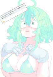  1girl absurdres ahoge bikini boku_no_hero_academia breasts gloves green_bikini green_eyes green_hair grey_gloves hagakure_toru highres large_breasts long_hair messy_hair mocamocaink simple_background solo swimsuit translation_request unusually_visible white_background wide-eyed  rating:Sensitive score:33 user:danbooru