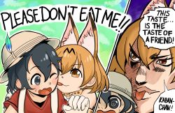  10s 2girls :p @_@ animal_ears animal_print araki_hirohiko_(style) backpack bag black_eyes black_hair blonde_hair blush brown_eyes bucket_hat comic_panel_redraw commentary d: derivative_work english_text fang fang_out gloves hair_between_eyes hat hat_feather jojo_no_kimyou_na_bouken kaban_(kemono_friends) kemono_friends left-to-right_manga licking licking_another&#039;s_cheek licking_another&#039;s_face meme multiple_girls one_eye_closed open_mouth parody red_shirt serval_(kemono_friends) shirt speech_bubble style_parody sweatdrop taste_of_a_liar_(meme) the_taste_of_a_liar tongue tongue_out uncle_skellyman vento_aureo 