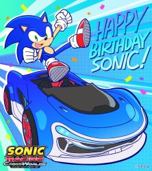  1boy blue_background car clenched_hands confetti copyright_logo full_body green_eyes happy_birthday hayane_tomoko highres looking_at_viewer motor_vehicle official_art solo sonic_(series) sonic_racing:_crossworlds sonic_the_hedgehog 