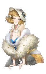  1girl blonde_hair blue_shirt brown_eyes closed_mouth feather_boa hat highres jewelry looking_at_viewer ms._newbabel necklace official_alternate_costume pearl_necklace reverse:1999 see-through_clothes see-through_shirt shirt short_hair skirt smile solo tgd_xiao_bai upper_body white_background white_hat yellow_skirt 