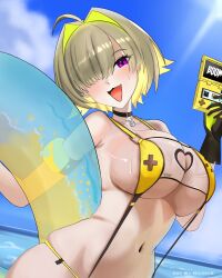  1girl absurdres ahoge blonde_hair blue_innertube blush breasts choker clothing_cutout day elegg_(boom_and_shock)_(nikke) elegg_(nikke) fang gloves goddess_of_victory:_nikke hair_intakes hair_over_eyes handheld_game_console heart_cutout highres holding holding_swim_ring innertube large_breasts light_rays long_bangs looking_at_viewer multicolored_hair navel noirnib open_mouth outdoors purple_eyes see-through_slingshot_swimsuit short_hair skindentation slingshot_swimsuit smile solo swim_ring swimsuit two-sided_gloves two-tone_hair underboob yellow_innertube yellow_slingshot_swimsuit 
