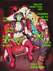  1boy 1girl aqua_eyes arc_system_works axl_low black_gloves black_hair blonde_hair boots breasts brown_gloves crossed_legs english_text expressionless fingerless_gloves full_body gloves green-tinted_eyewear guilty_gear guilty_gear_strive hat high_heels highres i-no long_hair looking_at_viewer maddestmao medium_breasts medium_hair meme mole mole_above_mouth navel one_eye_closed parody photo-referenced red_footwear red_headwear red_skirt short_sleeves sitting skirt smile spread_legs tinted_eyewear triangle venus_symbol will_smith witch_hat 