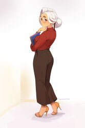 1girl artist_name blue_eyes blush breasts feet full_body glasses gold_sandals grey_hair high_heels highres june_(squeezable) large_breasts long_hair looking_at_viewer mole mole_under_eye nail_polish office_lady original round_eyewear sandals solo squeezable_(squeezabledraws) strappy_heels thick_eyebrows toenail_polish toenails toes white_hair white_nails yellow-framed_eyewear rating:General score:43 user:danbooru