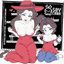  2girls barefoot black_hair blue_eyes blush breasts denim donkey_kong_(series) donkey_kong_bananza dress freckles heart jeans large_breasts lipstick loli long_hair looking_at_viewer makeup multiple_girls nintendo nipples no_bra pants pauline_(mario) pauline_(young)_(mario) red_dress short_hair shy small_breasts soy-chan undressing 