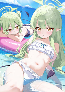 2girls absurdres arm_support bare_shoulders bikini black_bikini blue_archive blue_ribbon blue_sky blush cloud collarbone commentary crossed_arms day demon_girl demon_tail flat_chest frilled_bikini frills green_eyes green_halo hair_between_eyes halo highres hikari_(blue_archive) kakeian_(aiyoriaosi_00) loli long_hair looking_at_viewer lying multiple_girls navel nozomi_(blue_archive) ocean on_stomach outdoors parted_lips partially_submerged pink_innertube pointy_ears ribbon siblings sidelocks sisters sky stomach sunlight swim_ring swimsuit tail thighs twins twintails v-shaped_eyebrows very_long_hair water wet white_bikini yellow_eyes