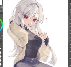  1girl alternate_costume arm_up art_program_in_frame black_sweater blunt_ends cardigan casual chi_kan100 closed_mouth cowboy_shot denim eiai_nano expressionless grey_hair hair_intakes hand_in_own_hair hand_up jeans kimi_no_koto_ga_dai_dai_dai_dai_daisuki_na_100-nin_no_kanojo long_hair long_sleeves looking_at_viewer notice_lines pants parted_bangs red_eyes screencap sidelocks simple_background sleeves_past_wrists sweater turtleneck turtleneck_sweater very_long_hair white_background yellow_cardigan 