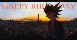  1boy against_railing arm_at_side baiba_8 black_border black_coat black_hair blue_eyes blue_sky border building city city_lights cityscape coat english_text evening facial_mark facing_to_the_side fudo_yusei grey_shirt hair_slicked_back hand_on_railing happy_birthday highres letterboxed looking_at_viewer male_focus mountain mountainous_horizon open_clothes open_coat orange_sky outdoors popped_collar railing shirt sky skyline skyscraper smile spiked_hair sunset upper_body yu-gi-oh! yu-gi-oh!_5d&#039;s 