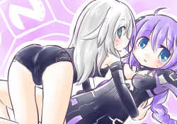  10s 2girls all_fours ass black_heart_(neptunia) blue_eyes blush bodysuit covered_erect_nipples detached_sleeves female_focus green_eyes gust hair_ornament hatokokko long_hair looking_back lying multiple_girls neptune_(neptunia) neptune_(series) nippon_ichi noire_(neptunia) purple_hair purple_heart_(neptunia) sega silver_hair yuri 