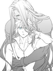  2boys arm_up armor armpits bracer cloud_strife collarbone commentary_request expressionless final_fantasy final_fantasy_vii final_fantasy_vii_advent_children green_eyes hair_intakes half-closed_eyes heterochromia holding_another&#039;s_hair hug hug_from_behind long_bangs long_hair long_sleeves male_focus multiple_boys no_armor parted_bangs parted_lips pauldrons pectoral_cleavage pectorals ryouto sephiroth short_hair shoulder_armor simple_background sketch slit_pupils spiked_hair spot_color toned toned_male upper_body very_long_hair vest white_background yaoi 