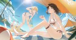  2boys 2girls ahoge artoria_pendragon_(fate) artoria_pendragon_(swimsuit_archer)_(fate) ball beach beach_mat beach_umbrella beachball bikini bird blonde_hair blue_eyes blue_sky breasts brown_hair cleavage cloud collared_shirt criss-cross_halter cropped_shirt emiya_shirou enoharatoki excalibur_(fate/stay_night) fate/grand_order fate_(series) feet food front-tie_bikini_top front-tie_top glint hair_bun halterneck handshake highres holding holding_food holding_ice_cream holding_water_gun ice_cream in-franchise_crossover kara_no_kyoukai kokutou_mikiya leaning_forward lens_flare looking_at_object looking_at_viewer medium_breasts mountainous_horizon multiple_boys multiple_girls navel ocean official_alternate_costume open_clothes open_shirt outdoors parted_bangs planted planted_sword planted_weapon red_bikini red_hair ryougi_shiki saber_(fate) sand_castle sand_sculpture seagull see-through_clothes see-through_shirt shirt short_hair side-tie_bikini_bottom sidelocks simple_bird sitting sky spoon standing swimsuit sword tent toes umbrella utensil_in_mouth water water_gun weapon white_bikini white_shirt 