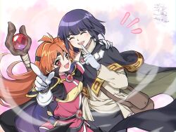  1boy 1girl belt black_belt black_cape black_pants blush cape closed_eyes dated fang finger_to_mouth gem gloves hand_on_another&#039;s_shoulder highres lina_inverse long_hair looking_at_viewer notice_lines orange_hair pants pointing red_eyes red_gemstone red_shirt senki_xl shirt short_hair signature slayers smile staff teeth two-sided_cape two-sided_fabric white_gloves xelloss 