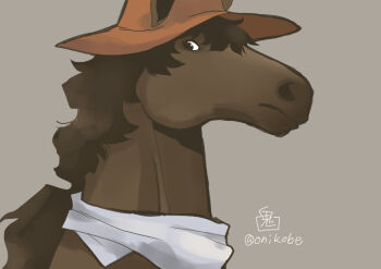animalization bandana black_eyes brown_hat commentary_request grey_background grey_bandana hat horse kurokoma_saki kurokoma_saki_(pegasus) looking_at_viewer no_humans onikobe_rin simple_background touhou upper_body