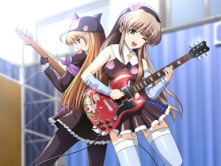 1boy 1girl ahoge band_(music) bare_shoulders bass_guitar blonde_hair blue_eyes brown_hair crossdressing electric_guitar game_cg gibson_sg green_eyes guitar instrument kashiwara_sarina katakura_shinji kira_kira long_hair maejima_shikako maejima_shikanosuke nun one_eye_closed pantyhose smile thighhighs trap very_long_hair wink rating:Sensitive score:20 user:danbooru