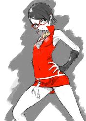  1girl absurdres black_eyes black_hair boruto:_naruto_next_generations breasts covered_navel glasses highres looking_at_viewer naruto_(series) red-framed_eyewear short_hair skirt solo uchiha_sarada yasuda_suzuhito 