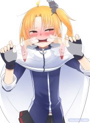 1girl absurdres ahoge anchor artist_request azur_lane black_gloves blonde_hair blush cape cleveland_(azur_lane) finger_in_another&#039;s_mouth fingerless_gloves gloves highres long_hair nose_blush open_mouth red_eyes side_ponytail simple_background twitter_username upper_body white_background rating:Sensitive score:6 user:danbooru