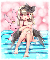  air_mattress ajitarou_(setsu) bikini black_bikini black_hairband black_ribbon black_wings blonde_hair dark_feather_alma emil_chronicle_online hairband highres loli looking_at_viewer micro_bikini navel pointy_ears red_eyes ribbon sitting stuffed_toy swimsuit wings 