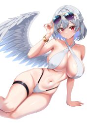  1girl absurdres arm_support bikini breasts commentary covered_erect_nipples eyewear_on_head grey_hair grey_wings highres kishin_sagume large_breasts leo23 navel red_eyes short_hair single_wing sitting sunglasses swimsuit thigh_strap touhou white_bikini wings 