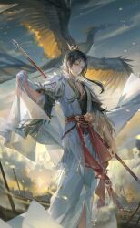  1boy artist_request bird black_hair blue_sky cape cape_hold chinese_clothes closed_mouth cloud crown embers feather-trimmed_sleeves feet_out_of_frame floating_cape floating_hair game_cg gold_crown gradient_sky hair_bun hanfu highres holding holding_behind_back holding_polearm holding_weapon holding_weapon_behind_back light_rays long_sleeves lustrous_halo_(shining_nikki) male_focus nikki_(series) official_art phoenix polearm shining_nikki short_hair_with_long_locks sidelocks single_hair_bun sky solo sunrise war weapon white_cape white_hanfu yellow_eyes yuyan_(shining_nikki) 
