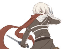  1boy armor assassin_cross_(ragnarok_online) belt black_belt black_shirt commentary_request dagger dual_wielding from_behind green_eyes hiruankou holding holding_dagger holding_knife holding_weapon knife looking_afar male_focus pauldrons ragnarok_online red_scarf scarf shirt short_hair shoulder_armor simple_background solo upper_body weapon white_background white_hair 