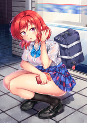  1girl adjusting_hair bag black_socks blue_bow blue_bowtie blush bow bowtie bra_visible_through_clothes breasts charm_(object) checkered_clothes checkered_skirt from_side full_body holding holding_phone large_breasts loafers looking_at_viewer love_live! medium_hair nishikino_maki open_mouth phone purple_eyes rain red_hair school_bag school_uniform see-through_clothes shirt shoes skirt socks solo squatting wet wet_clothes wet_shirt white_shirt windart 