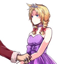  2boys bare_shoulders blonde_hair blue_eyes blush bow braid choker cloud_strife coat crossdressing don_corneo dress dress_bow final_fantasy final_fantasy_vii frown fur-trimmed_coat fur_trim furrowed_brow hair_bow highres holding_another&#039;s_wrist jewelry male_focus medium_hair multiple_boys multiple_rings nanao_(zonzonsh) parted_bangs pendant_choker pink_bow purple_choker purple_dress red_coat ring spiked_hair strapless strapless_dress sweatdrop tiara twin_braids upper_body white_background 