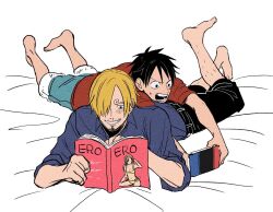  bed black_hair blonde_hair friends magazine_(object) male_focus mgxujdndke75193 monkey_d._luffy nintendo_switch on_bed one_piece playing_games reading sanji_(one_piece) 