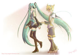  1boy 1girl bare_shoulders blonde_hair blue_eyes blue_hair blush couple crazy-megame detached_sleeves full_body green_hair hatsune_miku headphones kagamine_len long_hair miniskirt necktie number_tattoo sailor_collar short_hair short_sleeves shorts skirt tattoo thighhighs twintails very_long_hair vocaloid walking watermark web_address zettai_ryouiki  rating:Sensitive score:7 user:hotsushi-kun