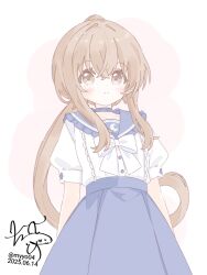  1girl blue_choker blue_sailor_collar blue_skirt bow bowtie brown_eyes brown_hair chame_(myyo04) choker closed_mouth dated fumizuki_(kancolle) kantai_collection long_hair looking_at_viewer ponytail sailor_collar shirt short_sleeves sidelocks signature skirt smile solo very_long_hair white_bow white_bowtie white_shirt 