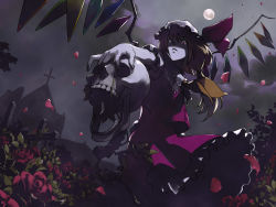  1girl ascot bad_id bad_pixiv_id blonde_hair church cross crystal dark embodiment_of_scarlet_devil female_focus flandre_scarlet flower from_below fuchida_kazuhiro full_moon hair_between_eyes hair_over_one_eye hat hat_ribbon holding md5_mismatch mob_cap moon night open_mouth outdoors petals red_eyes red_flower red_rose ribbon rose rose_petals side_ponytail skull solo touhou wings yellow_ascot  rating:Sensitive score:15 user:danbooru