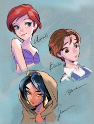  3girls aladdin_(movie) alternate_hairstyle ariel_(disney) beauty_and_the_beast_(disney) belle_(disney) bikini black_hair blue_eyes brown_eyes brown_hair bumble_tmnt disney_princess earrings jasmine_(disney) jewelry looking_at_viewer multiple_girls red_hair shell shell_bikini short_hair swimsuit the_little_mermaid_(disney) 