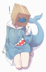  ! 1girl absurdres arm_support bare_legs blue_hoodie box_on_head fins fish_tail gawr_gura gawr_gura_(1st_costume) hand_on_own_face highres hololive hood hoodie rin-sao sameko_saba seiza shark_girl shark_tail simple_background sitting solo tail thighs virtual_youtuber voice_actor_connection white_background 