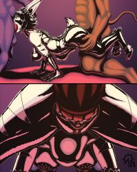  1girl 2boys animal_ears black_hair breasts chapter_170_monster_girl_(one-punch_man) claws colorized cum cum_in_pussy fang furry furry_female goat_legs highres hooves large_breasts monster_girl multiple_boys neck_bell nipples no_nose one-punch_man pussy sacrificabominat stomach_bulge tail  rating:Explicit score:3 user:GiovanniHunter