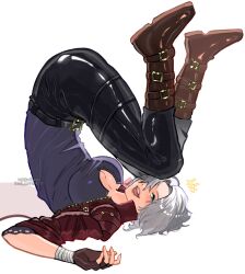  1girl ass blue_eyes boot_straps boots breasts coat dante_(devil_may_cry) devil_may_cry_(series) devil_may_cry_5 fingerless_gloves genderswap genderswap_(mtf) gloves grey_hair highres leather leather_pants pants red_coat seal_lover420 short_hair simple_background smile white_hair wrist_wrap 