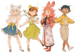  4girls aged_down animal_ears asimov_(spindle_(aidenr0)) bare_shoulders belt black_trim blue_eyes blue_skirt blunt_bangs blush bob_cut bow bright_pupils brown_eyes brown_footwear brown_hair brown_pants capri_pants closed_eyes closed_mouth commentary cross-laced_footwear dark-skinned_female dark_skin double_bun dress ear_blush elf english_commentary felt_(spindle_(aidenr0)) floral_print floral_print_shirt floral_print_skirt frilled_skirt frills full_body green_dress green_hair hair_bun half-closed_eyes hand_on_own_hip hands_up highres holding holding_sack holding_stick index_fingers_together layered_shirt leaf long_hair looking_at_another looking_at_viewer loose_hair_strand messy_hair multiple_girls narrowed_eyes nose_blush original ottilie_(spindle_(aidenr0)) outstretched_arms pants pinafore_dress pink_hair pointy_ears pout purple_belt purple_sash rabbit_ears rabbit_girl rabbit_tail red_shirt red_socks sack sandals sash shirt shoes short_hair skirt sleeveless sleeveless_dress slippers smile socks spindle_(aidenr0) standing stick swept_bangs tail tank_top therese_(spindle_(aidenr0)) very_long_hair very_short_hair white_dress white_footwear white_hair white_pupils white_shirt white_skirt white_tank_top yellow_belt yellow_bow yellow_eyes yellow_sash yellow_shirt yellow_trim 