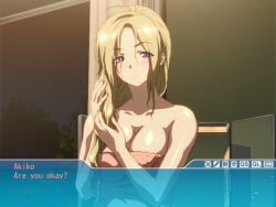 1boy 1girl 2010s 2011 age_difference barefoot blonde_eyebrows blonde_hair blue_eyes blush breasts cleavage dresser feet female_focus fingernails game game_cg highres huge_breasts indoors interior kamimura_akiko keisuke_(sisters) leaves long_hair mature_female mirror naked_towel older_woman_and_younger_man orange_towel sisters_~natsu_no_saigo_no_hi~ sky smile smiley_face solo step-incest stepmother stepmother_and_stepson toenail toenails toes towel tree water water_drop wet_breasts window