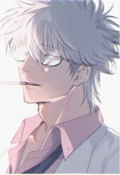  1boy adam&#039;s_apple cigarette collared_shirt gintama glasses hair_between_eyes highres hisknn looking_at_viewer male_focus mouth_hold orange_eyes pink_shirt sakata_gintoki shirt simple_background smoking solo upper_body white_background white_hair 