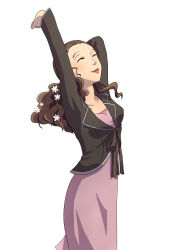  1girl absurdres arms_up brown_hair closed_eyes dress flower gekisei hair_flower hair_ornament highres lipstick makeup minami_eri persona persona_4 pink_dress simple_background solo standing wavy_hair white_background 