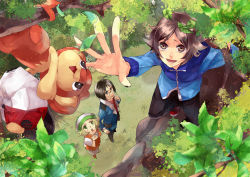  10s 1girl 2boys bianca_(pokemon) blonde_hair brown_hair cheren_(pokemon) climbing gen_5_pokemon hilbert_(pokemon) ichi_kawa_ichi leaf multiple_boys nintendo pansear pokemon pokemon_(creature) pokemon_bw tree  rating:Sensitive score:8 user:Daijin
