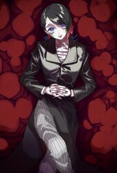  1boy black_coat black_hair black_nails blue_eyes blue_hair buttons coat collared_shirt crossed_legs dress_shirt enmu_(kimetsu_no_yaiba) extra_mouth eyelashes facial_mark fingernails highres horizontal_pupils interlocked_fingers kimetsu_no_yaiba long_sleeves male_focus medium_hair mismatched_pupils multicolored_hair nail_polish open_mouth own_hands_together pants red_hair shirt smile solo striped_clothes striped_pants text_in_eyes vertical-striped_clothes vertical-striped_pants white_pants white_shirt yoshioka_suke 