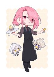  3boys :o absurdres apron black_apron black_necktie black_pants black_shoes black_vest blonde_hair brown_shirt chibi chibi_inset collared_shirt commentary_request cookie flower food full_body grid highres holding holding_cookie holding_food holding_plate macaron male_focus multiple_boys necktie original outline pants pink_hair plate purple_eyes rabbit seto_(setosan) shirt shoes single_hair_intake solo_focus vest watermark white_flower white_hair white_shirt yellow_eyes 