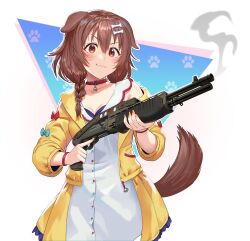  &gt;:3 1girl animal_collar animal_ears blush bone_hair_ornament bra bra_peek braid breasts brown_eyes brown_hair cartoon_bone closed_mouth collar dog_ears dog_girl dog_tail dual-mode_shotgun franchi gun hair_between_eyes hair_ornament highres holding holding_gun holding_weapon hololive inugami_korone inugami_korone_(1st_costume) jacket large_breasts long_hair looking_at_viewer low_twin_braids mleth paw_print paw_print_background pump-action_shotgun pump_action red_collar semi-automatic_shotgun shotgun smoke smoking_barrel solo spas-12 tail triangle trigger_discipline twin_braids underwear virtual_youtuber weapon white_background yellow_jacket 