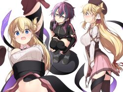  2girls ^^^ agnes_claudel ahoge aqua_hair areola_slip asymmetrical_hair black_shirt black_shoes black_skirt black_thighhighs blonde_hair blue_eyes blush breasts brown_corset brown_thighhighs bun_with_braided_base closed_mouth corset cowboy_shot eiyuu_densetsu full_body hair_between_eyes hair_bun hair_ribbon hakuleg hugging_own_legs jitome jolda_(kuro_no_kiseki) kuro_no_kiseki kuro_no_kiseki_(series) kuro_no_kiseki_ii legs_together living_shadow long_hair long_sleeves looking_at_another looking_down low-tied_long_hair medium_breasts medium_hair miniskirt multicolored_hair multiple_girls multiple_views navel open_mouth pink_skirt pleated_skirt profile purple_eyes purple_hair red_ribbon restrained ribbed_shirt ribbon shirt shoes simple_background single_side_bun single_sidelock skirt squatting standing streaked_hair surprised sweat thighhighs two-tone_hair underbust wavy_mouth white_background white_ribbon white_shirt wing_collar yuri 