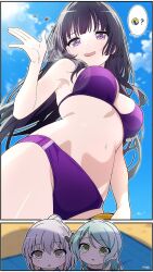 3girls aqua_hair bang_dream! bikini black_hair breast_awe breasts commentary english_commentary grey_hair highres hikawa_sayo izami_md long_hair medium_breasts minato_yukina multiple_girls navel open_mouth ponytail purple_bikini purple_eyes shirokane_rinko stomach swimsuit yellow_eyes  rating:Sensitive score:14 user:danbooru