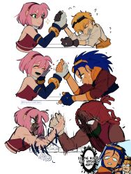  1girl 3boys amy_rose bare_shoulders black_gloves blue_hair brown_jacket clenched_teeth dark-skinned_male dark_skin dreadlocks english_text flying_sweatdrops from_side gloves goggles goggles_on_head hairband highres historiaallen jacket knuckles_the_echidna long_hair multiple_boys muscular muscular_female muscular_male personification pink_hair red_hair red_hairband short_hair simple_background smile sonic_(series) sonic_the_hedgehog tails_(sonic) teeth 