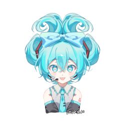  1girl :3 :d bare_shoulders black_sleeves blue_eyes blue_hair blue_necktie blush collared_shirt cropped_torso dated detached_sleeves double-parted_bangs grey_shirt hair_between_eyes hatsune_miku heart heart-shaped_pupils highres looking_at_viewer necktie number_tattoo open_mouth shirt short_hair shoulder_tattoo simple_background sleeveless sleeveless_shirt smile solo symbol-shaped_pupils tattoo tie_clip twintails updo vocaloid wangyou_paigutang white_background 