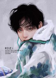  1boy absurdres artist_name bangtan_boys black_hair hashtag-only_commentary highres jacket k-pop makeup male_focus mascara mole real_life realistic reiz.i short_hair signature simple_background solo v_(bts) 