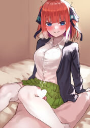 1boy 1girl amog arm_support black_cardigan black_ribbon blue_eyes blunt_bangs blush breasts butterfly_hair_ornament cardigan censored clothed_female_nude_male collared_shirt commentary_request cum ejaculation girl_on_top go-toubun_no_hanayome green_skirt hair_ornament hair_ribbon heart heart_censor heavy_breathing hetero indoors kneepit_sex large_breasts long_sleeves looking_at_viewer miniskirt nakano_nino nude on_bed paid_reward_available parted_lips pink_hair pleated_skirt ribbon school_uniform shirt short_hair skirt smile solo thighhighs white_shirt white_thighhighs zettai_ryouiki rating:Explicit score:66 user:danbooru