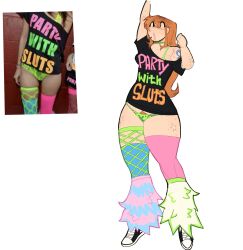  1girl asymmetrical_legwear blue_thighhighs closed_eyes clothes_writing english_text female_pubic_hair fishnet_thighhighs fishnets freckles highres lazycharm long_hair nami_(one_piece) neon_palette no_pants one_piece open_mouth photo_inset pink_thighhighs pubic_hair reference_inset shoulder_tattoo simple_background tagme tattoo thighhighs thong white_background  rating:Questionable score:5 user:r0tan1