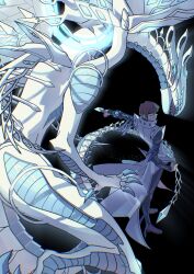  1boy absurdres arm_strap behind_another black_background black_pants black_shirt blue_eyes blue_trim brown_hair brown_shoes card clenched_hand coat deep-eyes_white_dragon dragon dragon_girl dragon_tail dragon_wings duel_monster facing_away facing_to_the_side glowing highres holding holding_card hologram holographic_interface jacket kaiba_seto leaning_forward long_sleeves looking_at_another looking_back looking_down male_focus mechanical_legs mechanical_wings metal_wrist_cuffs multiple_wings on_one_knee open_clothes open_coat open_jacket outstretched_arm pants popped_collar shirt shoes skmkst sleeveless sleeveless_coat tail technology trench_coat turning_head white_coat wings yu-gi-oh! yu-gi-oh!_the_dark_side_of_dimensions 